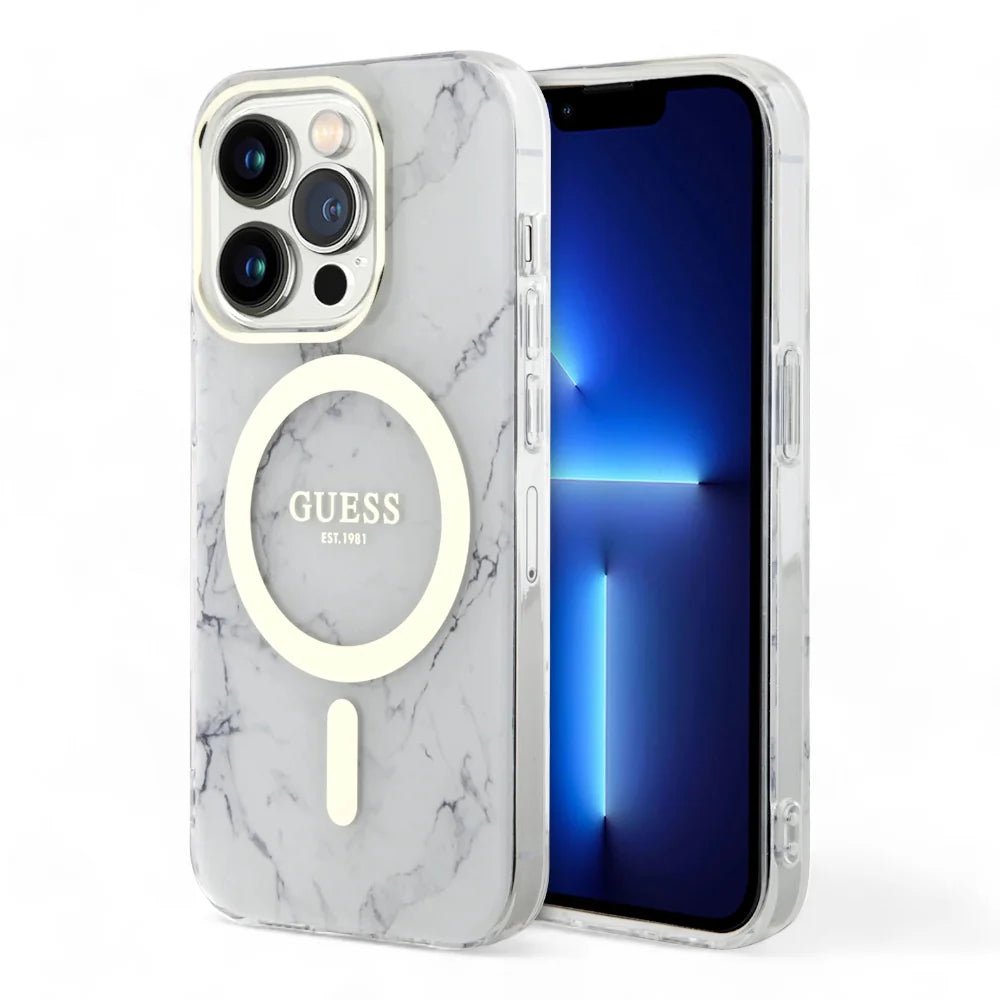 Case - Guess magsafe iphone 15 pro - pc/tpu white hard case magsafe iml marble color transparent