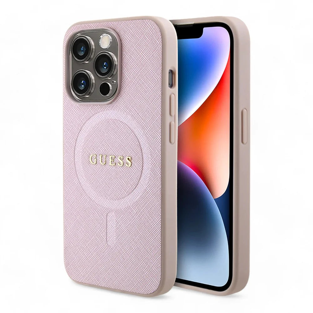 Case - Guess magsafe iphone 15 pro pu leather pink hard case saffiano pink color