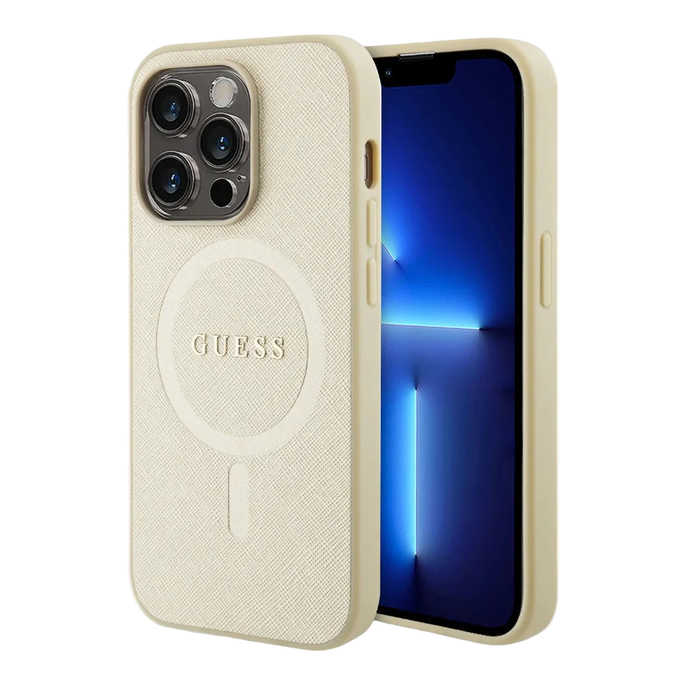 Estuche - Guess magsafe iphone 15 pro pu leather beige hard case saffiano magsafe color beige