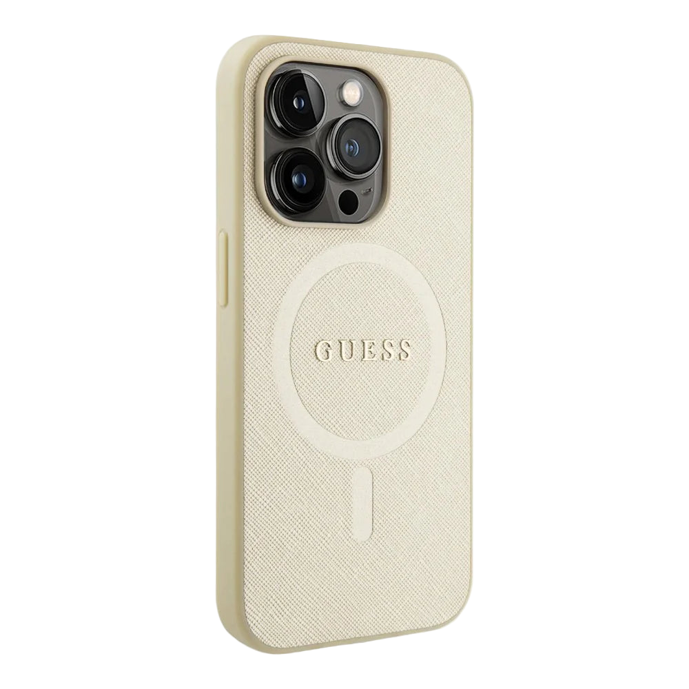 Estuche - Guess magsafe iphone 15 pro pu leather beige hard case saffiano magsafe color beige
