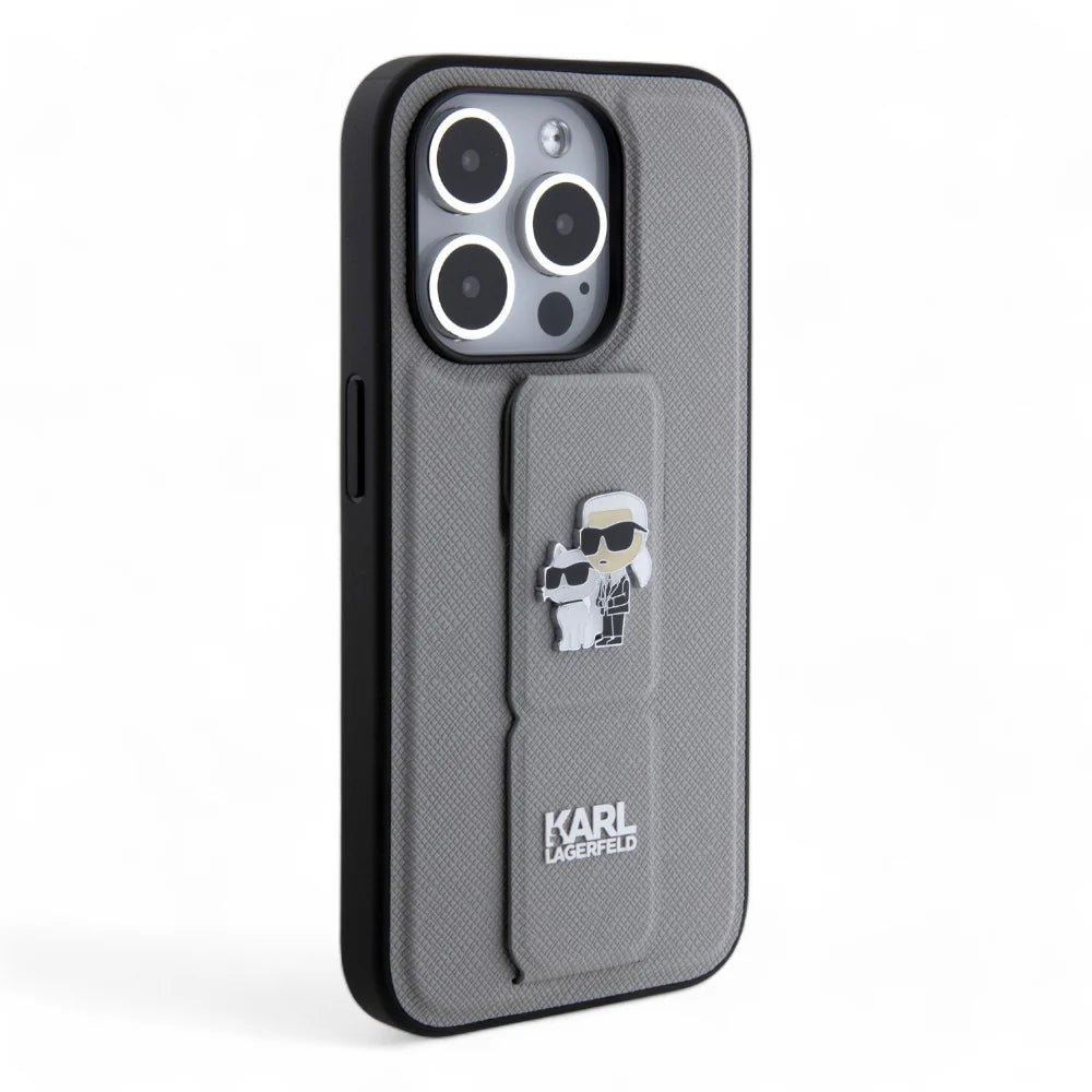 Case - Karl Lagerfeld hc gripstand saffiano kc pins silver iphone 15 pro max gray color
