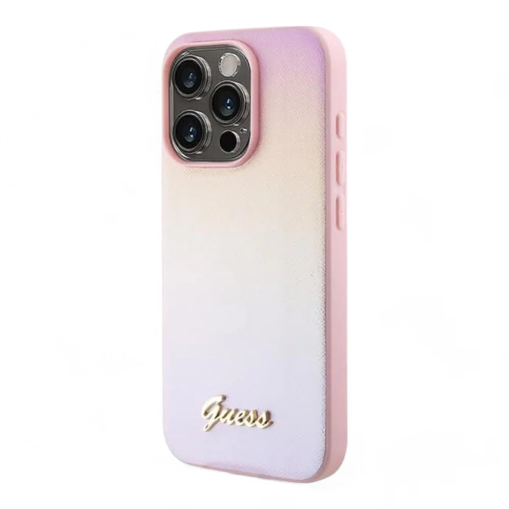 Case - Guess pu saffiano iridescent script iphone 15 pro max pink color