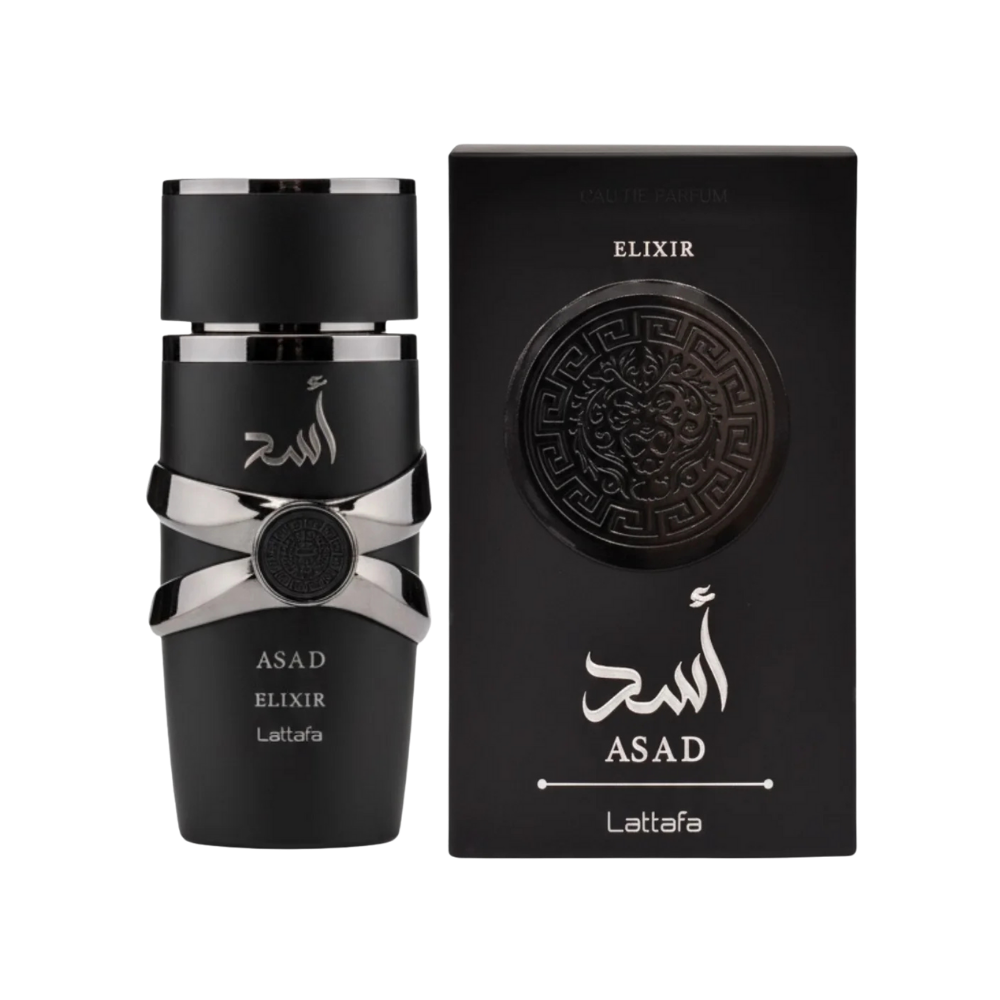 Lattafa Asad Elixir EDP frasco y caja negro con script árabe diseño masculino oriental Eau de Parfum