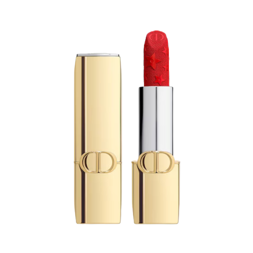 Dior Rouge 999 Edición Limitada - lápiz labial rojo icónico en estuche dorado con logo CD estrellas Guatemala