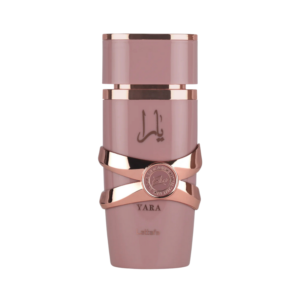 Lattafa Yara Elixir EDP frasco rosa palo con detalles dorados diseño árabe femenino elegante