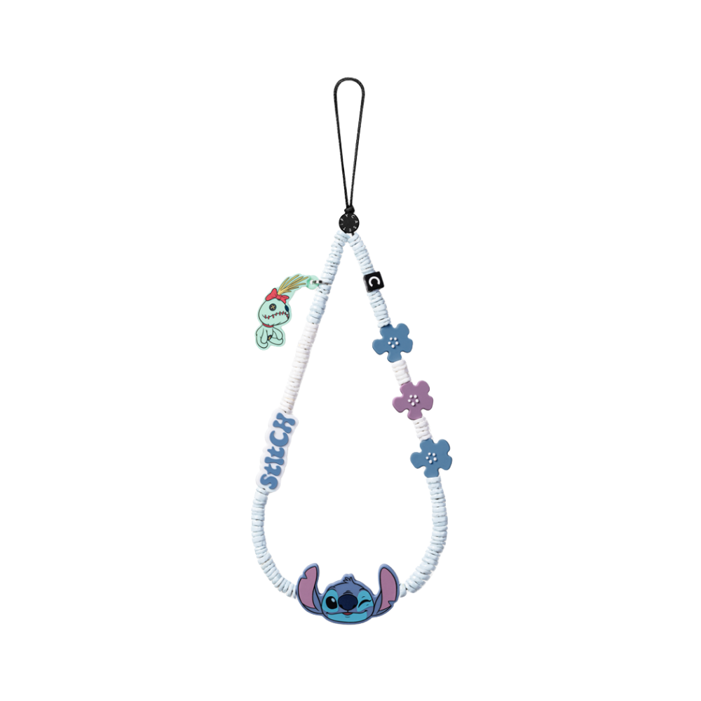 Casetify Strap de Mano Stitch Blue - correa para celular con charm Stitch de Disney, flores azules y cuentas de letras