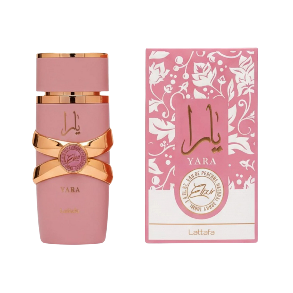 Lattafa Yara Elixir EDP frasco y caja rosa palo diseño floral árabe femenino Eau de Parfum Elixir
