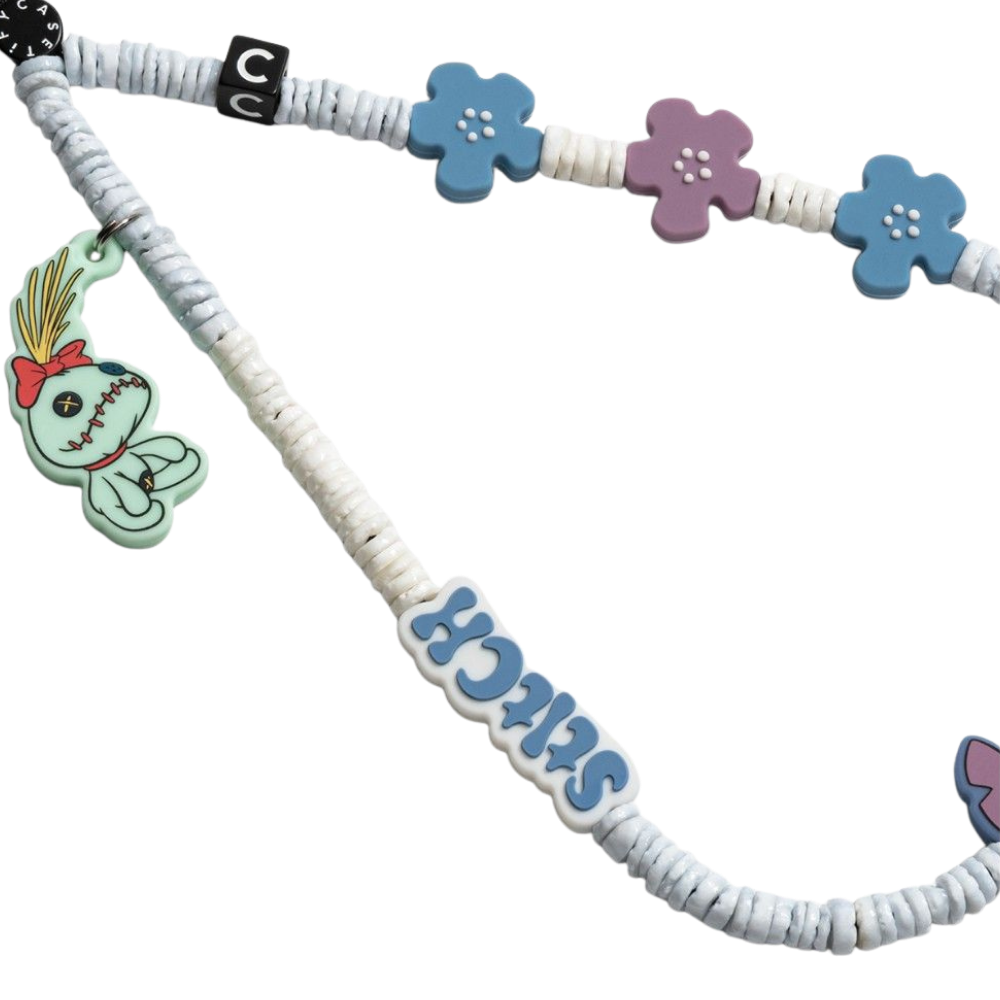 Casetify Strap de Mano Stitch Blue detalle - cuentas blancas con flores azules y charm de personaje Disney Stitch