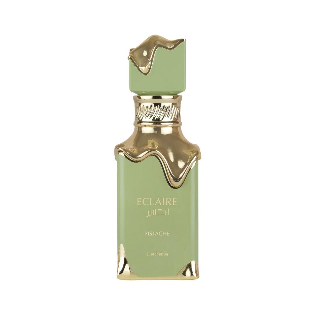 Lattafa Eclaire Pistache EDP frasco verde menta con tapa dorada diseño árabe elegante unisex