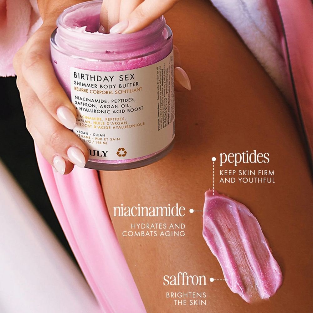 Truly Beauty Birthday Sex Shimmer Body Butter ingredientes - péptidos, niacinamida y azafrán para piel firme y luminosa