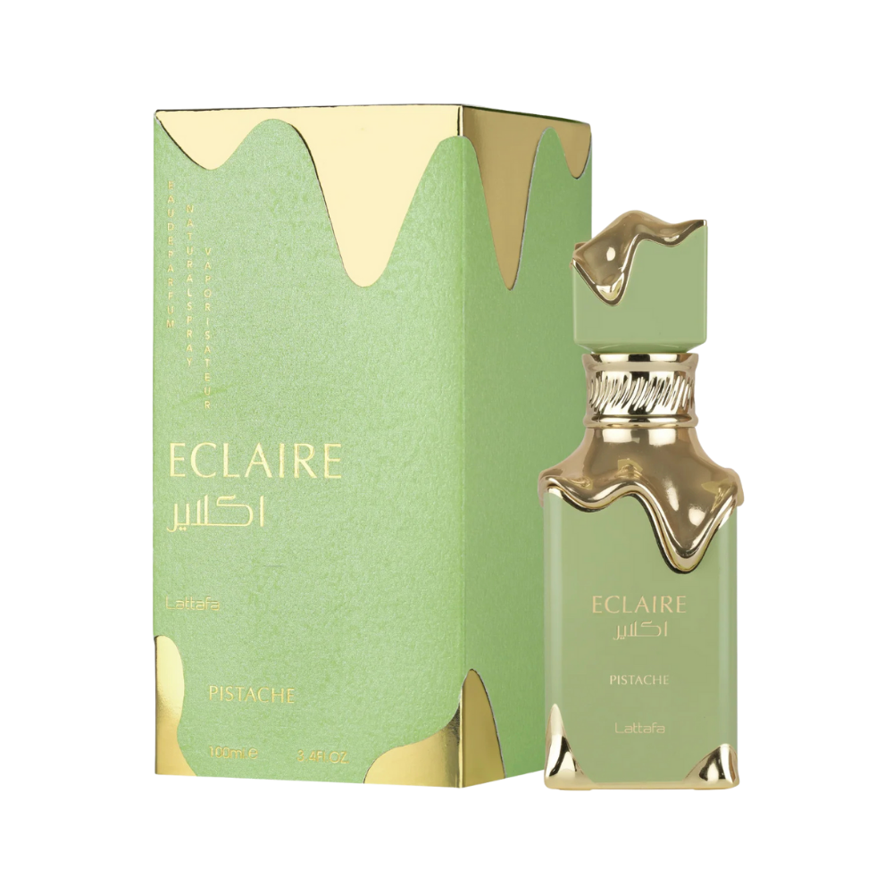 Lattafa Eclaire Pistache EDP caja y frasco verde menta diseño árabe gourmand Eau de Parfum 100ml