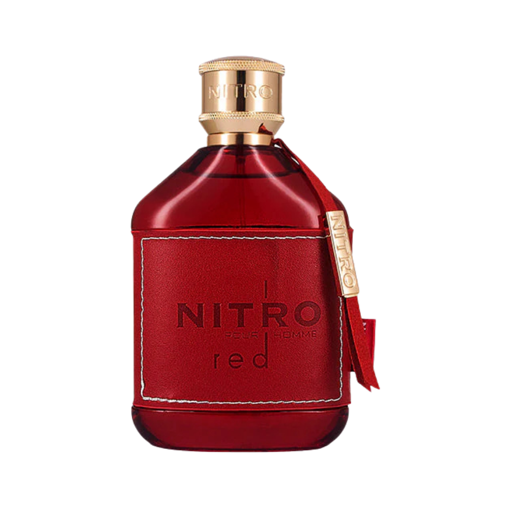 Dumont Nitro Red Pour Homme EDP frasco rojo intenso con tapa dorada diseño masculino elegante
