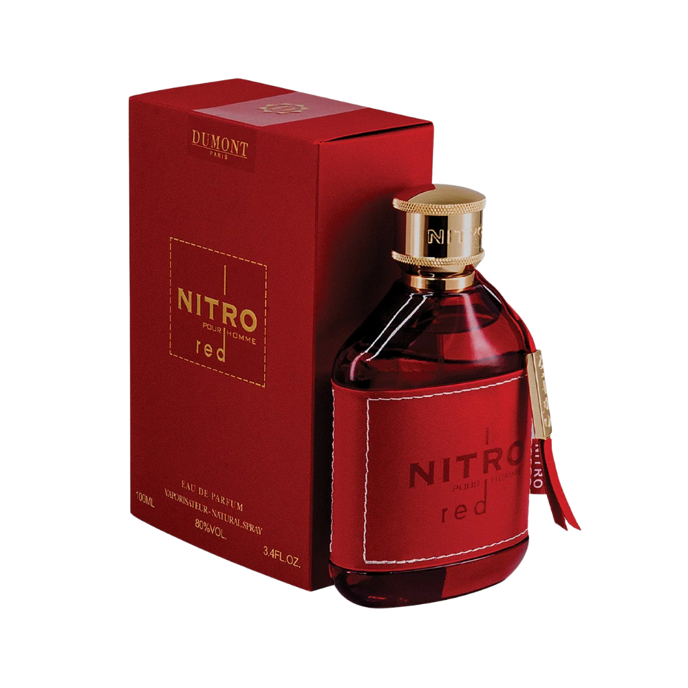 Dumont Nitro Red Pour Homme EDP caja y frasco rojo con diseño masculino elegante Eau de Parfum 100ml