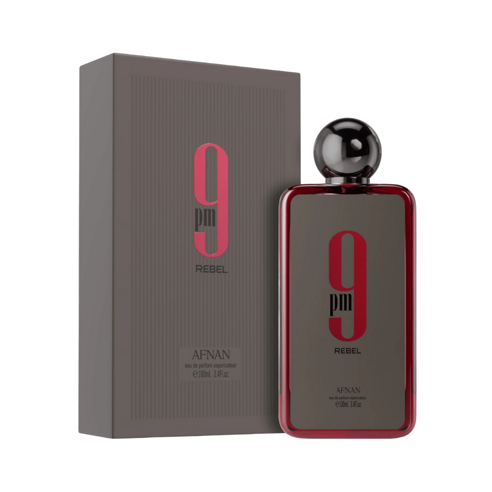 Perfume Afnan 9pm Rebel EDP 100ml - fragancia masculina roja intensa con caja gris y frasco metálico Guatemala