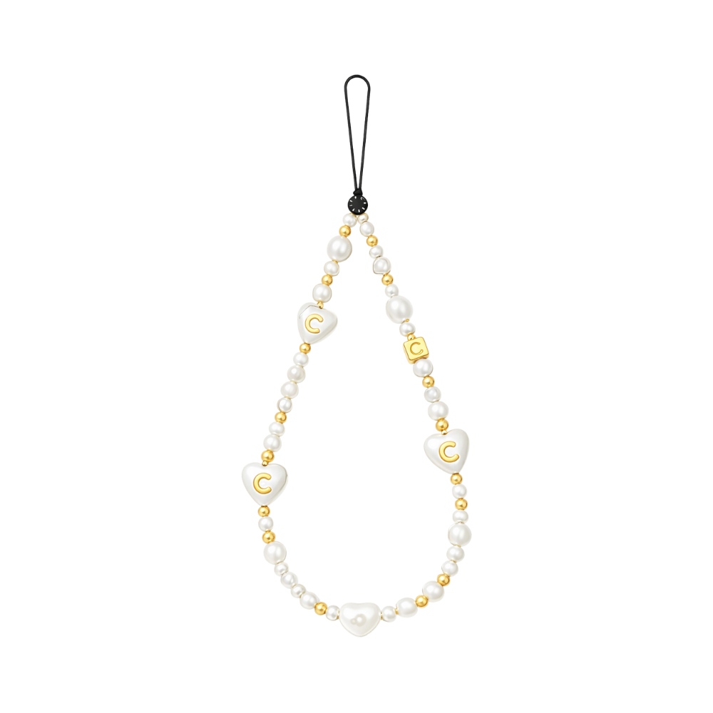 Casetify Strap de Mano Pearl Hearts Gold - correa de perlas elegante para celular con corazones dorados