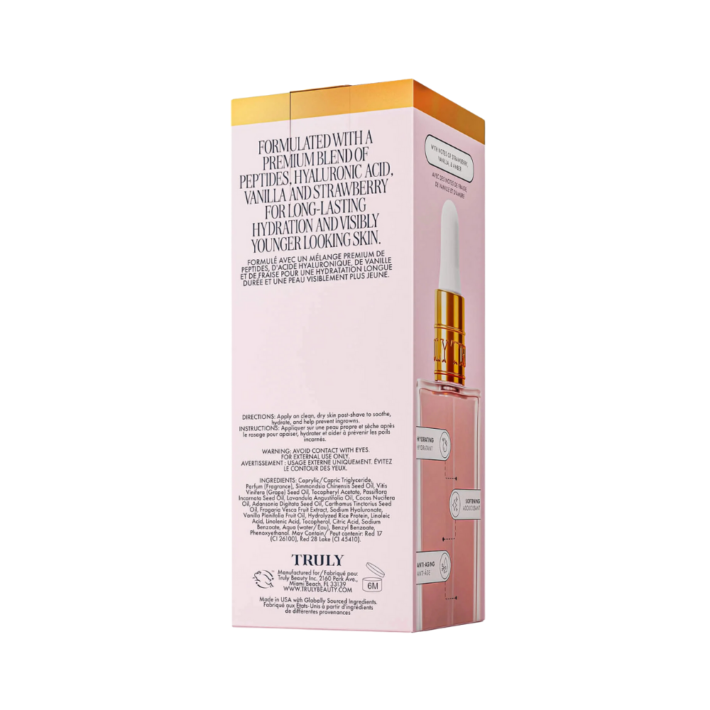 Truly Soft Serve After Shave Oil parte trasera - ingredientes péptidos, ácido hialurónico, vainilla y fresa para piel joven