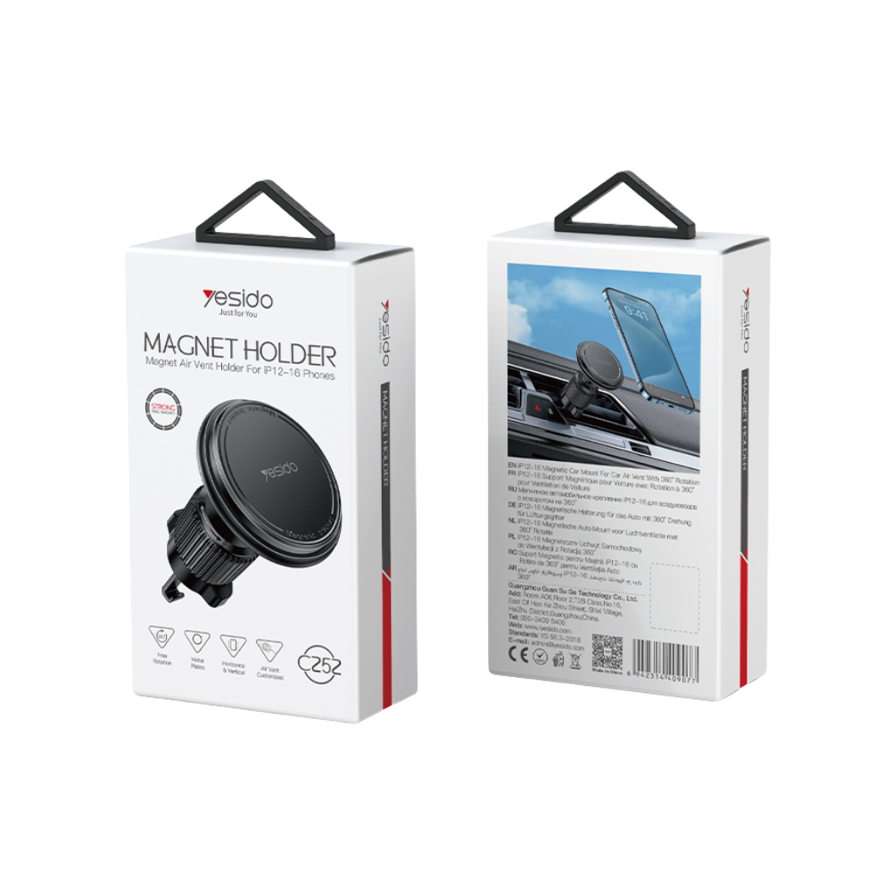 Caja empaque Yesido Magnet Holder C25 rotación 360° para celular carro - compatible iPhone 12-16