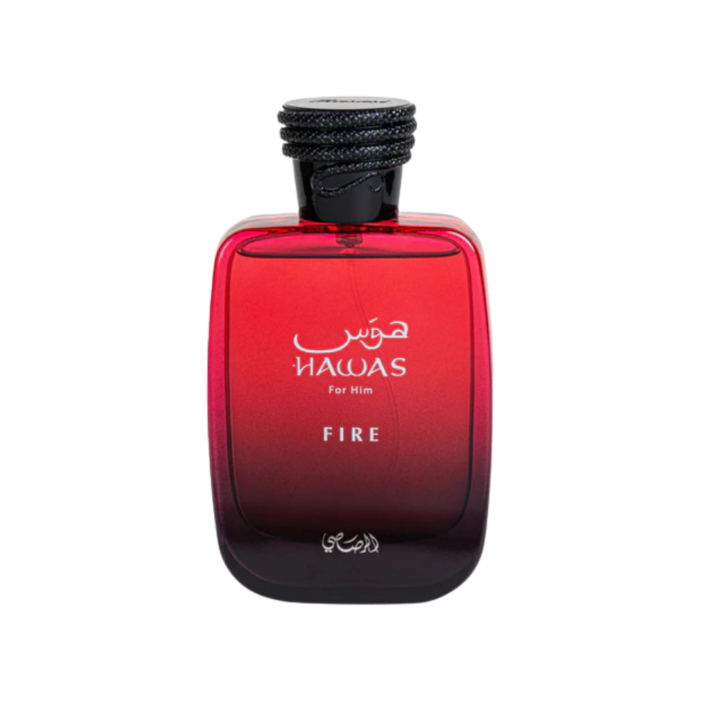 Rasasi Hawas Fire For Him EDP frasco rojo intenso con tapa negra diseño árabe masculino vibrante