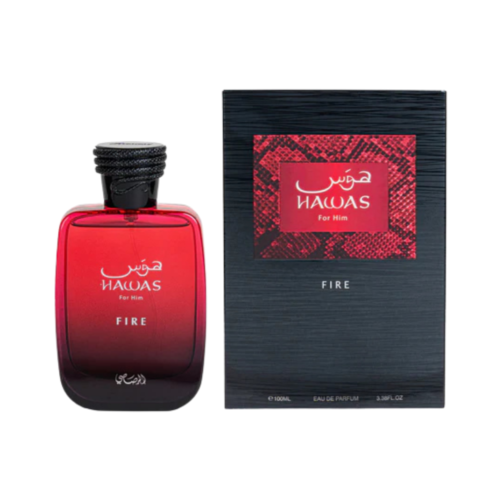 Rasasi Hawas Fire For Him EDP - frasco rojo intenso con caja de empaque diseño árabe 100ml