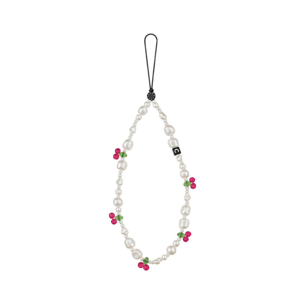 Casetify Strap de Mano Pearl Blossom - correa de perlas con flores rosas y hojas verdes para celular