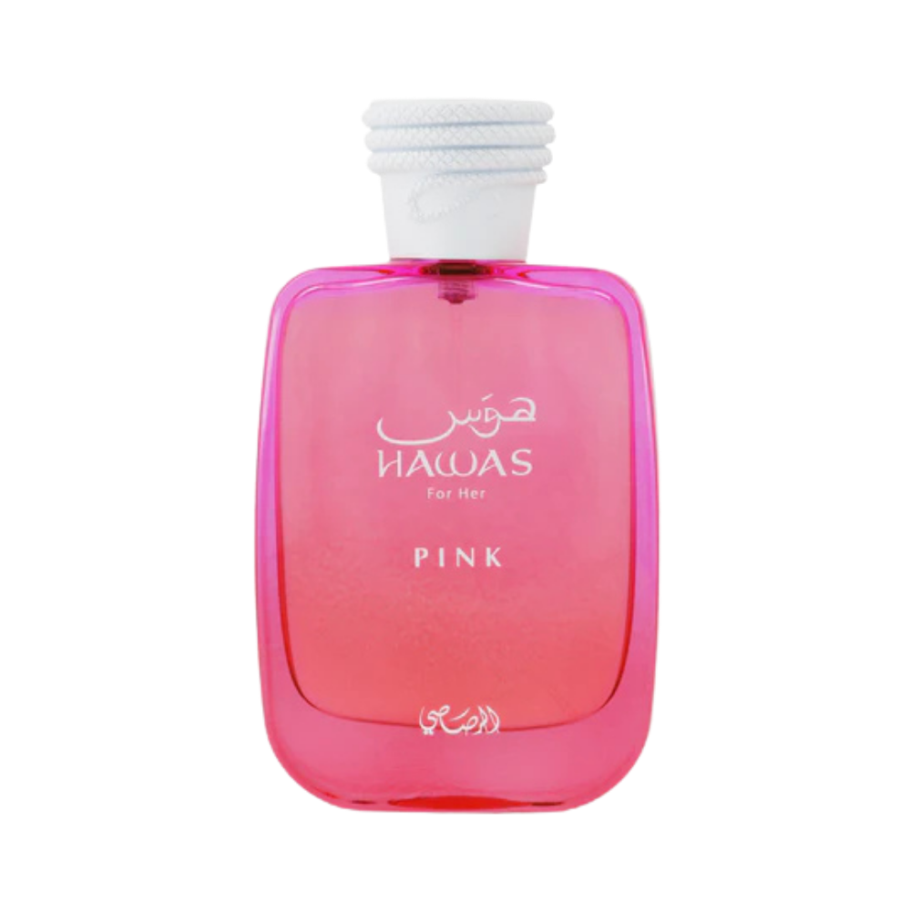 Rasasi Hawas Pink For Her EDP frasco rosa brillante diseño femenino moderno árabe