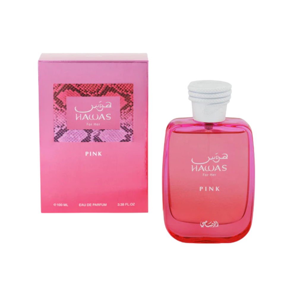 Rasasi Hawas Pink For Her EDP caja y frasco rosa brillante diseño femenino moderno Eau de Parfum 100ml