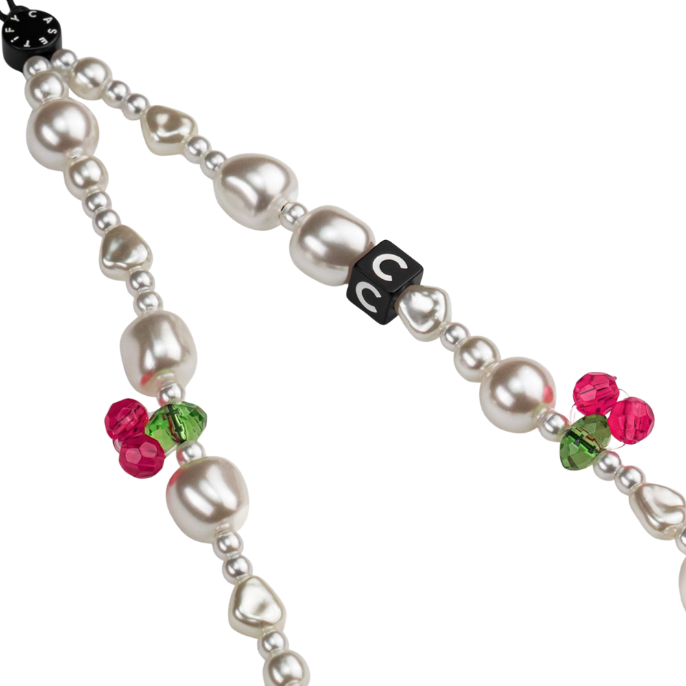 Casetify Strap de Mano Pearl Blossom detalle - cuentas cristal rosas y verdes con perlas barrocas blancas