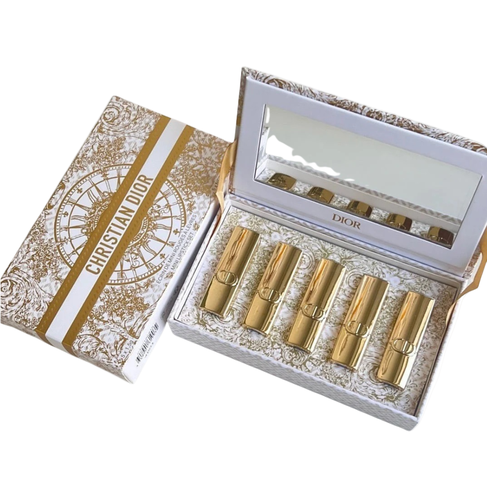 Christian Dior Mini Lipstick Set – Edición Especial Dorada (5 piezas + estuche espejo)