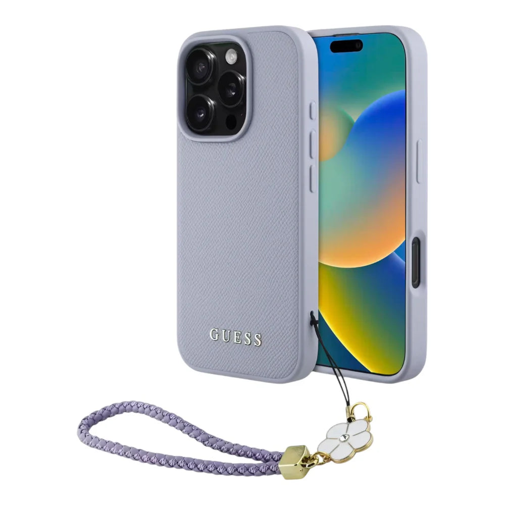 Case - Guess hc magsafe grained pu w/flower charm strap purple iphone 16 pro