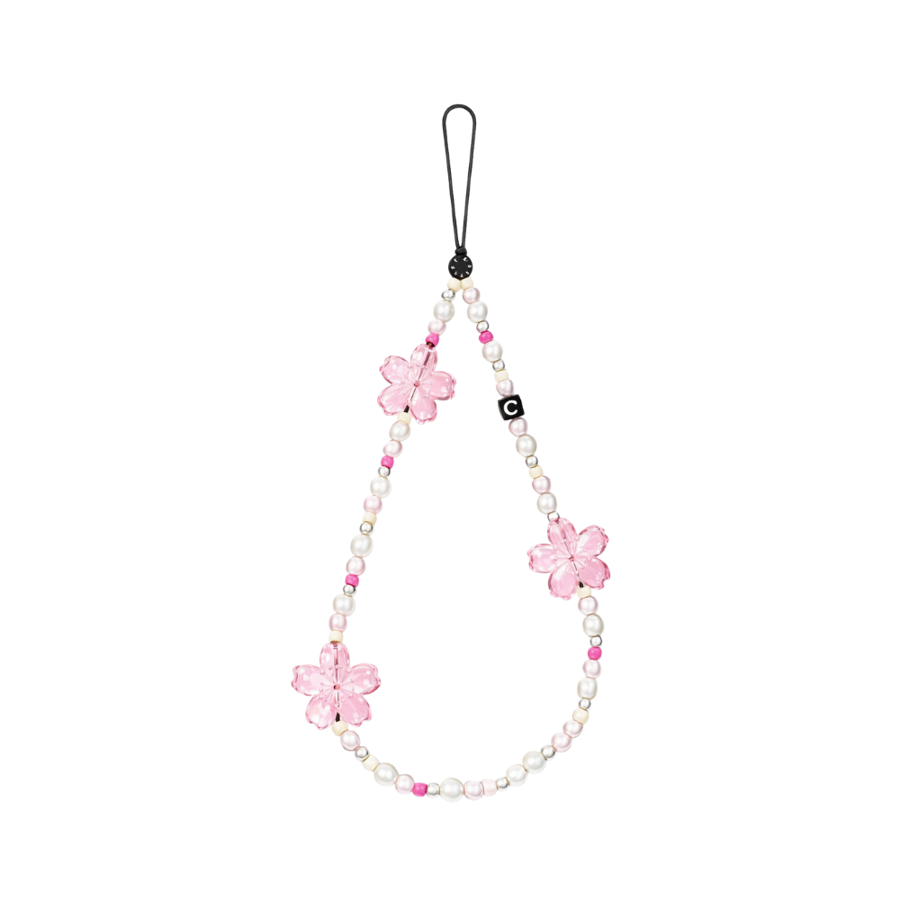 Casetify Strap de Mano Sakura Pearl Pink - correa con flores sakura rosadas y perlas blancas para celular