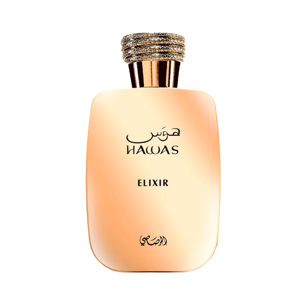 Rasasi Hawas Elixir EDP frasco dorado rose gold diseño árabe masculino Hawas