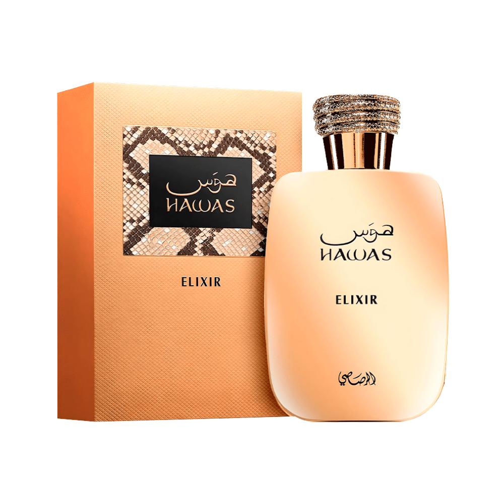 Rasasi Hawas Elixir EDP caja y frasco dorado rose gold diseño árabe masculino Eau de Parfum 100ml