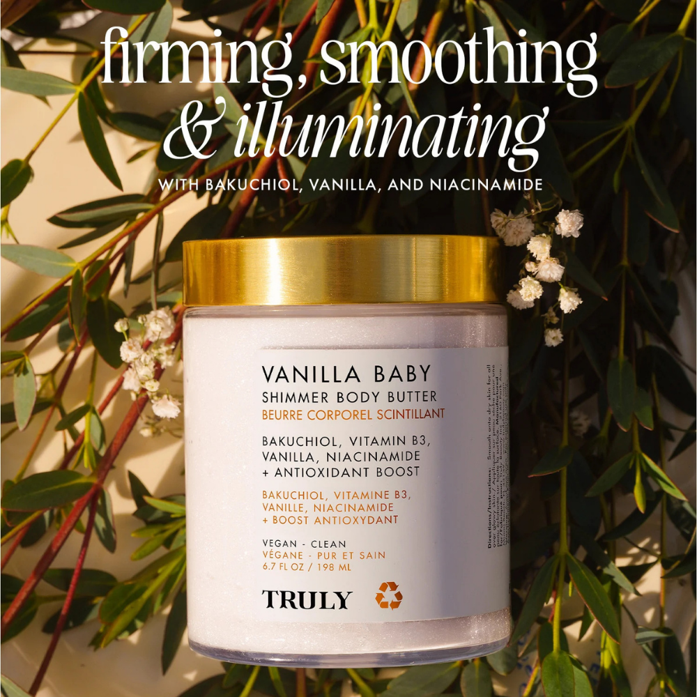 Truly Beauty Vanilla Baby Shimmer Body Butter - reafirmante, suavizante e iluminador con bakuchiol y vainilla
