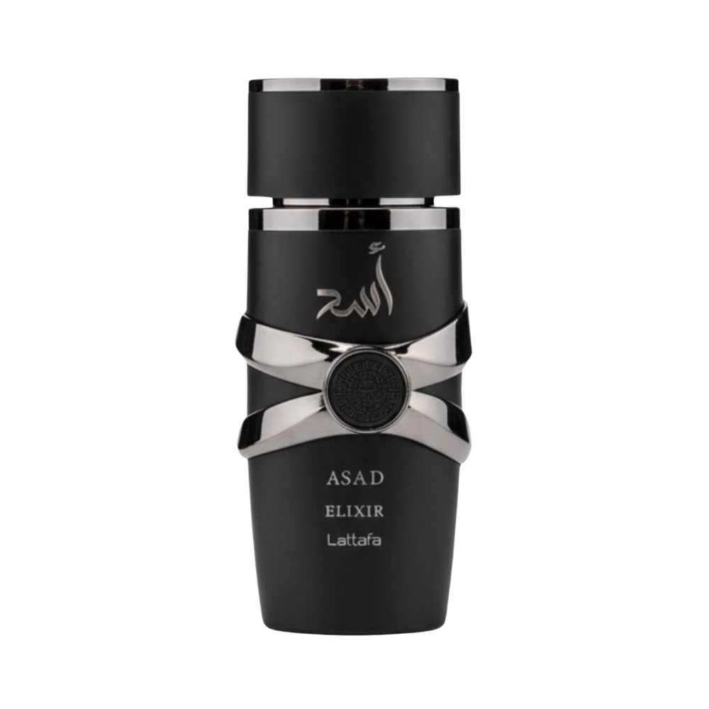 Lattafa Asad Elixir EDP frasco negro con detalles plateados diseño árabe masculino oriental