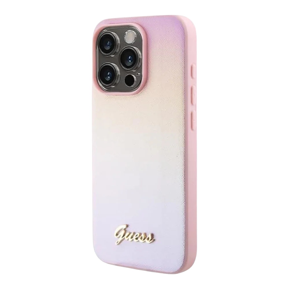 Estuche - Guess pu saffiano iridescent script iphone 15 pro max color rosado