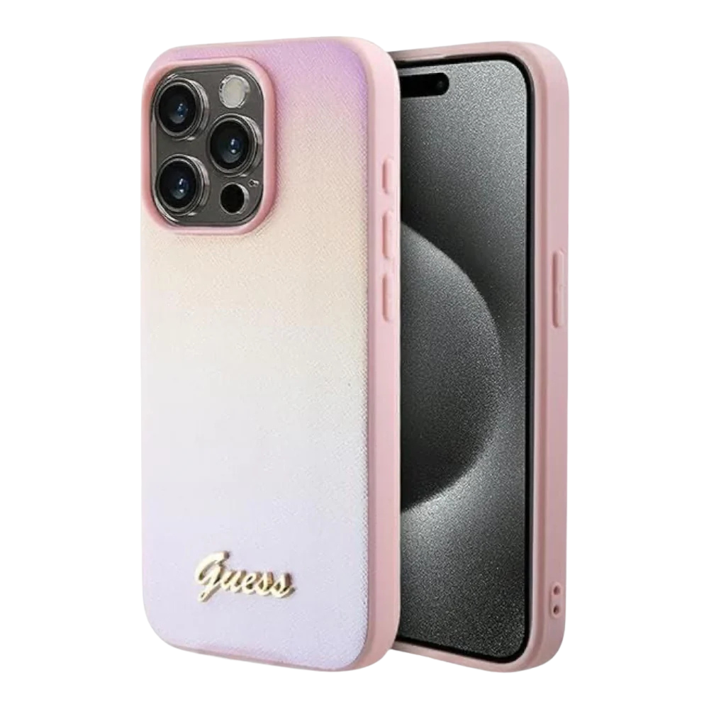 Estuche - Guess pu saffiano iridescent script iphone 15 pro max color rosado