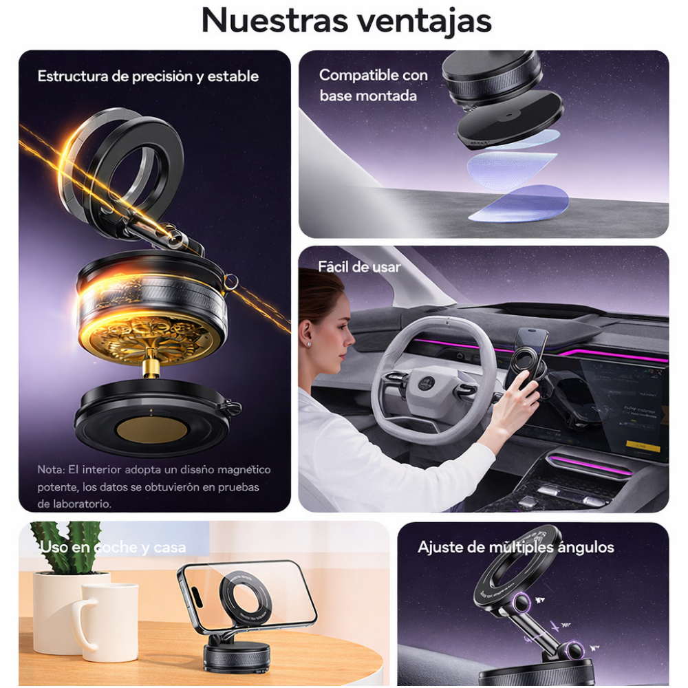 Gadget - Soporte magnético para celular con brazo plegable y ventosa 360°