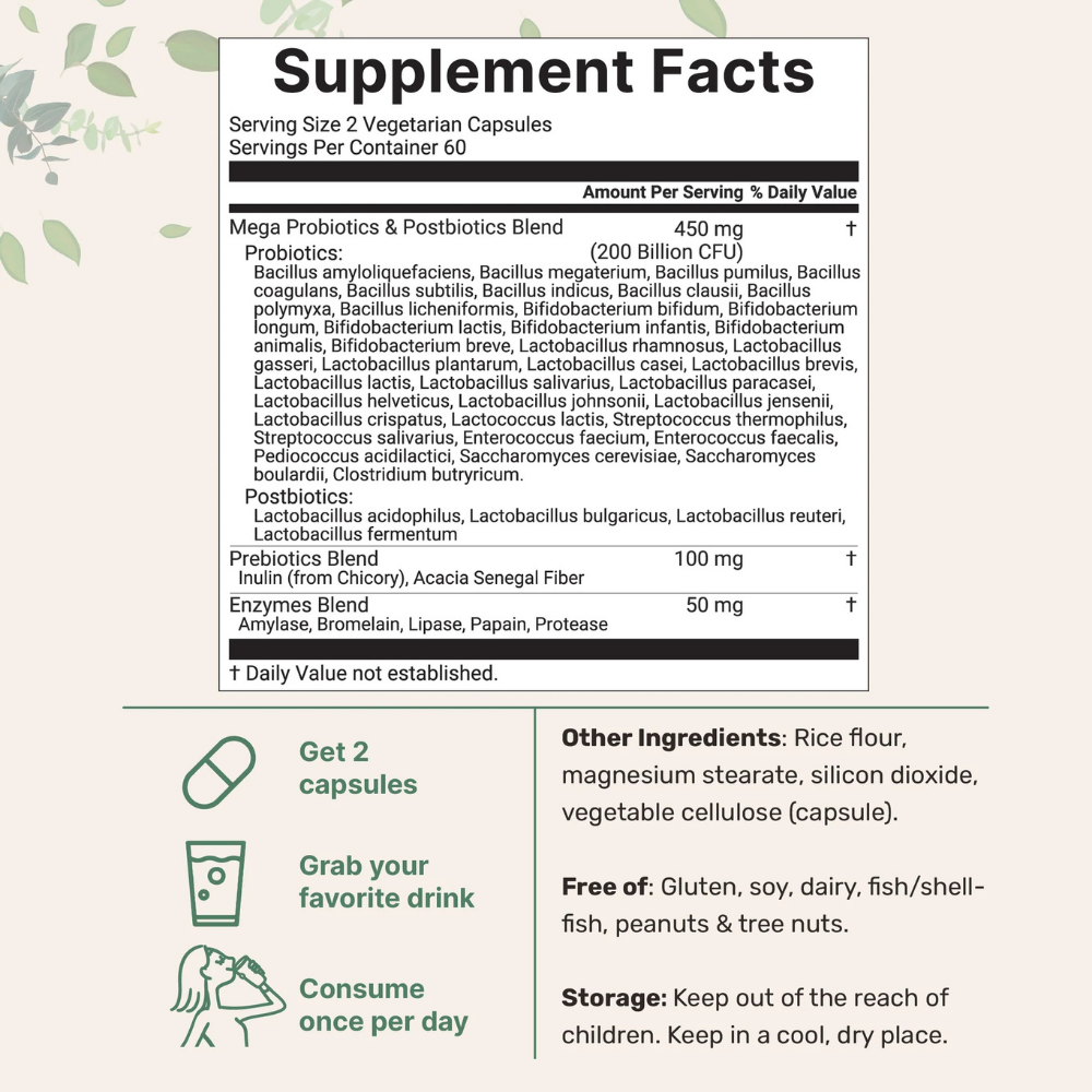 Suplementos - Mega Probiotics 200 Billion CFU Micro Ingredients | 120 Cápsulas Vegetarianas