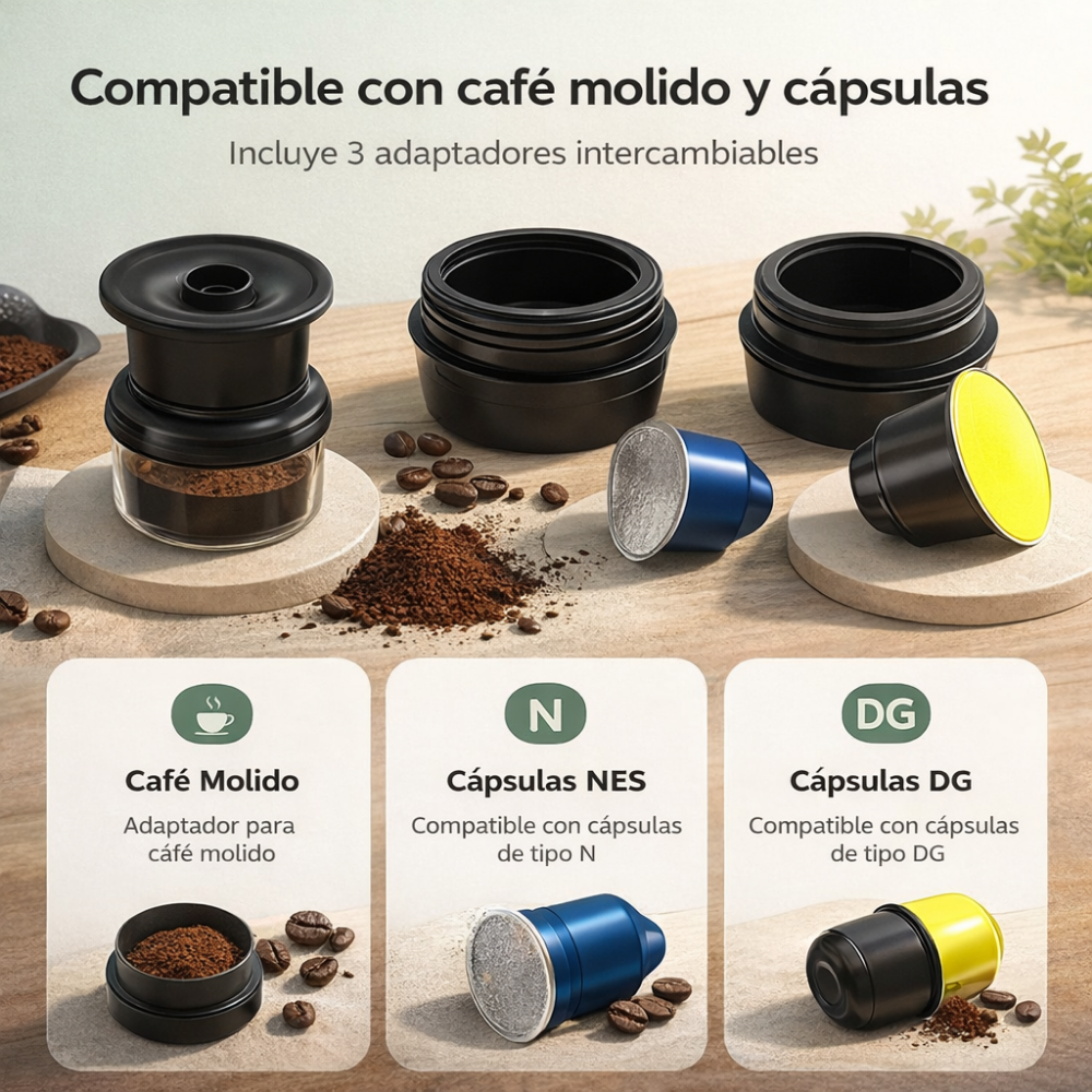 Hogar - Cafetera Portátil Compatible con Cápsulas y Café Molido