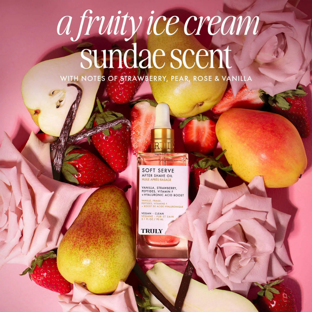 Truly Soft Serve After Shave Oil fragancia - aroma a helado frutal con notas de fresa, pera, rosa y vainilla