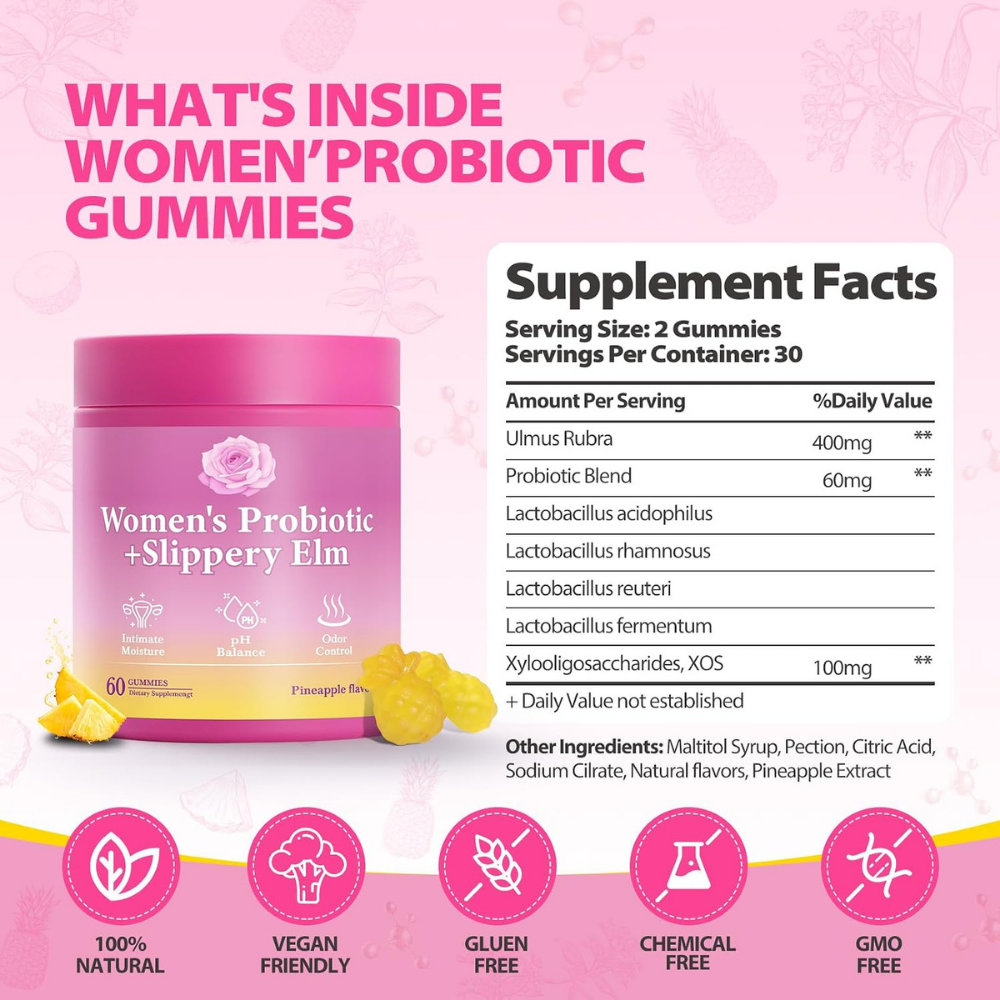 Suplementos - Women’s Probiotic + Slippery Elm | Pineapple Flavor | 60 Gummies