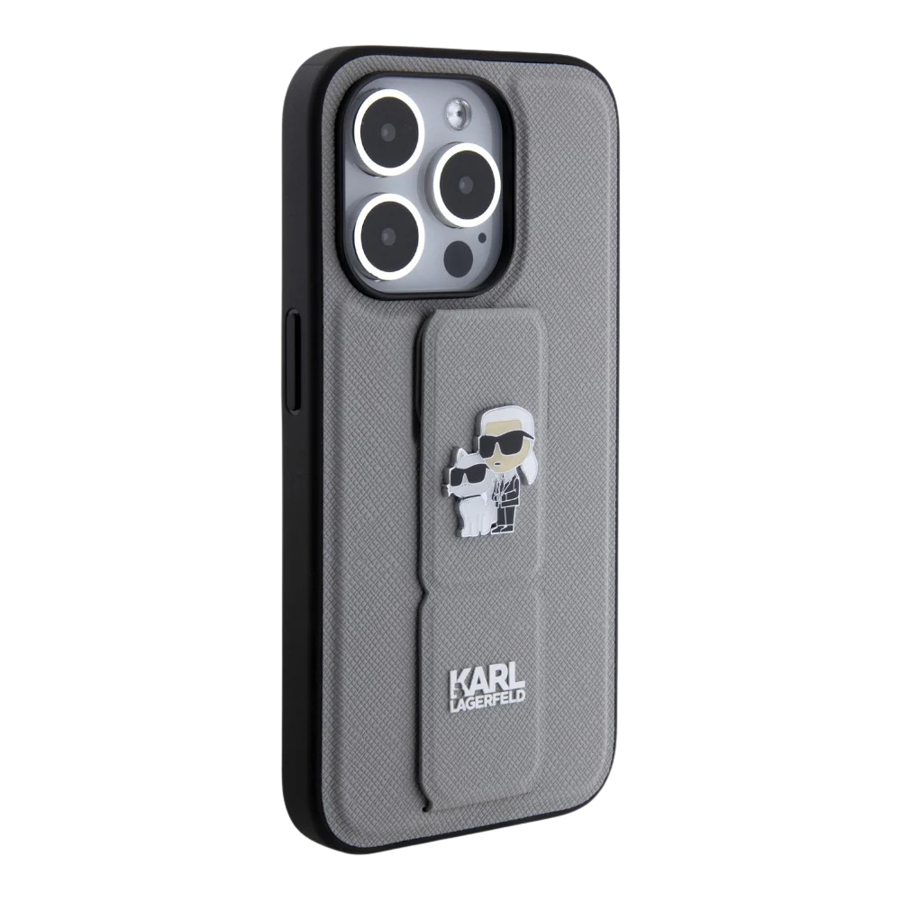 Estuche - Karl Lagerfeld hc gripstand saffiano kc pins silver iphone 15 pro max color gris