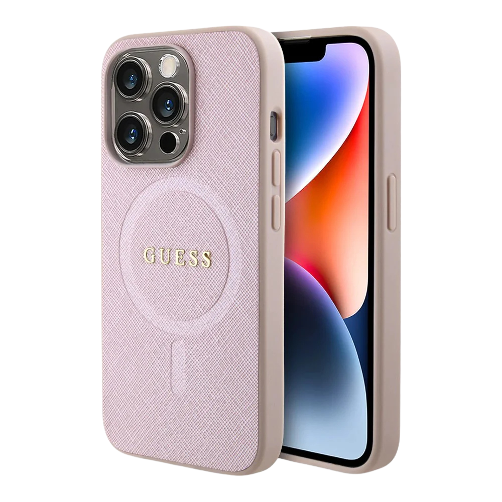 Estuche - Guess magsafe iphone 15 pro pu leather pink hard case saffiano color rosado
