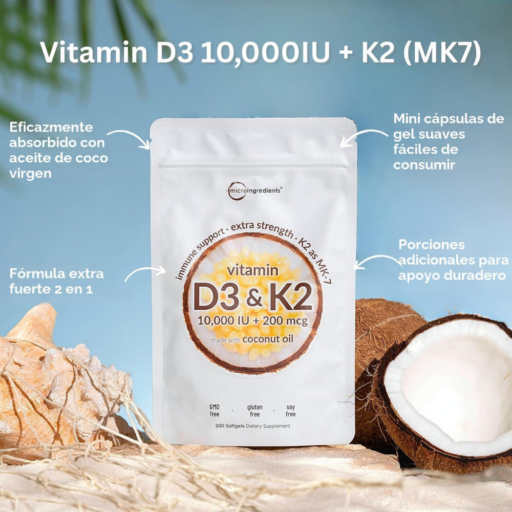 Suplementos - Vitamina D3 10,000 IU + K2 MK7 - Micro Ingredients | 300 Softgels