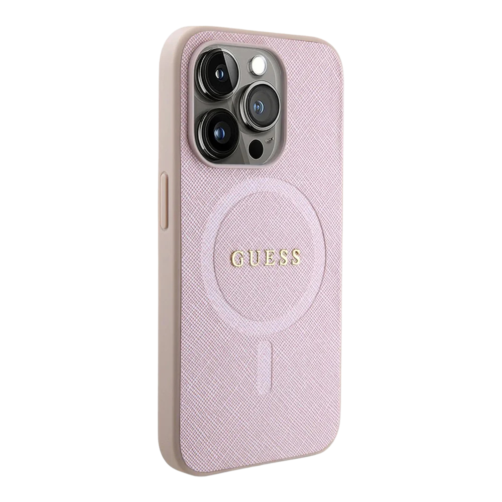 Estuche - Guess magsafe iphone 15 pro pu leather pink hard case saffiano color rosado